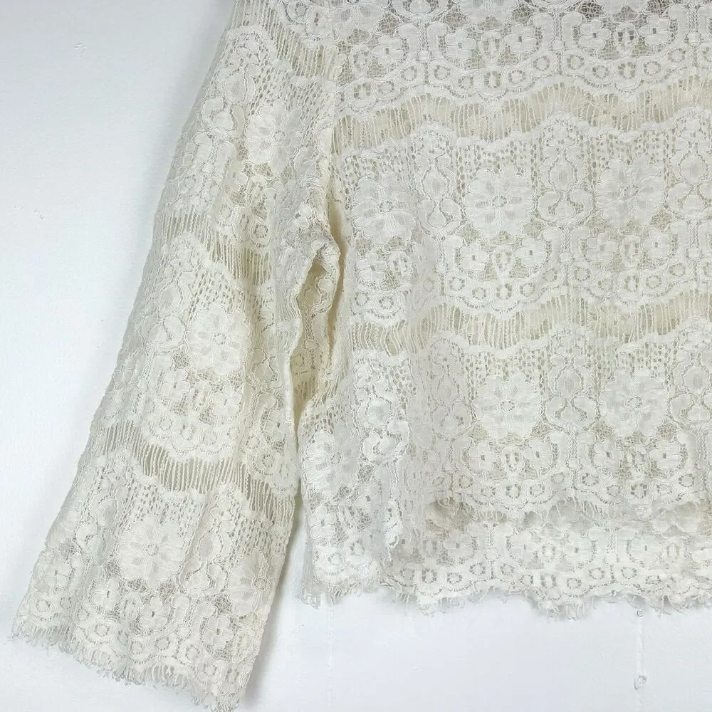 Free People Blouse Top Ivory Romantic Cropped Lace Fairycore Cottagecore, Medium